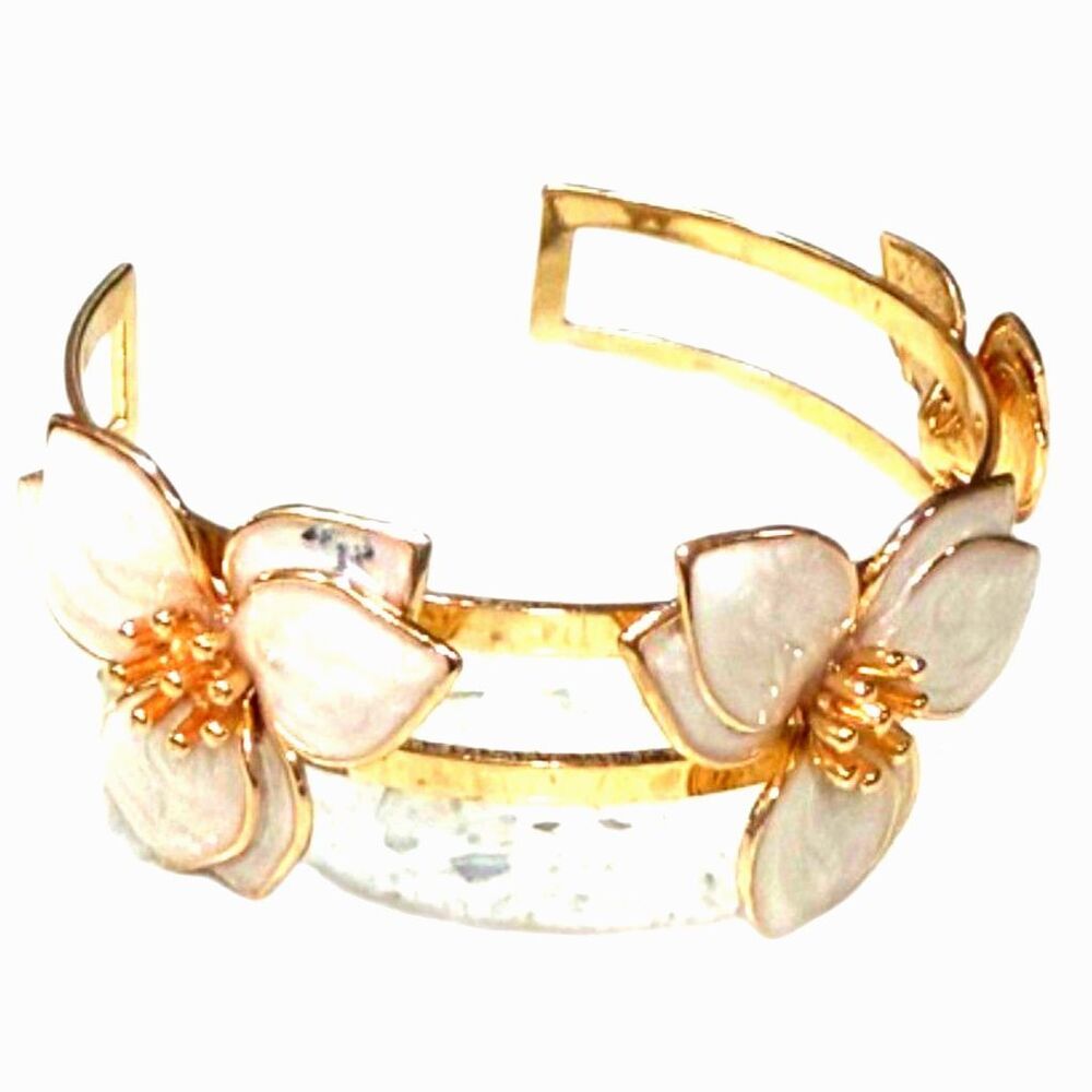 Gold Tone Floral Cuff Bracelet White Enamel Flower Open Bangle New